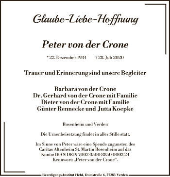 Todesanzeige von Peter von der Crone von SYK