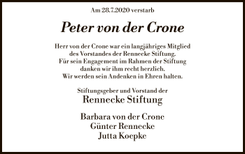 Todesanzeige von Peter von der Crone von SYK
