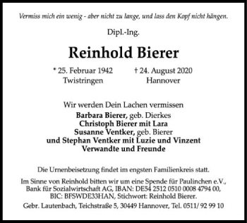 Todesanzeige von Reinhold Bierer von SYK