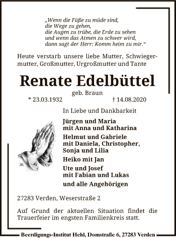 Todesanzeige von Renate Edelbüttel von SYK