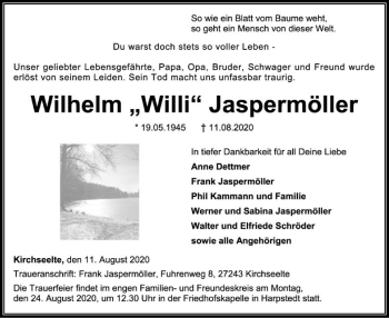 Todesanzeige von Wilhelm  Jaspermöller von SYK