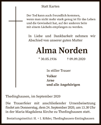 Todesanzeige von Alma Norden von SYK
