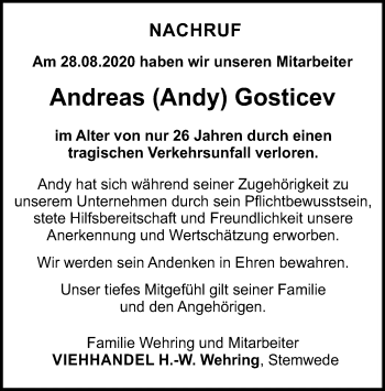 Todesanzeige von Andreas Gosticev von SYK