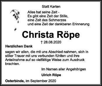 Todesanzeige von Christa Röpe von SYK