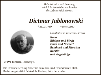 Todesanzeige von Dietmar Jablonowski von SYK
