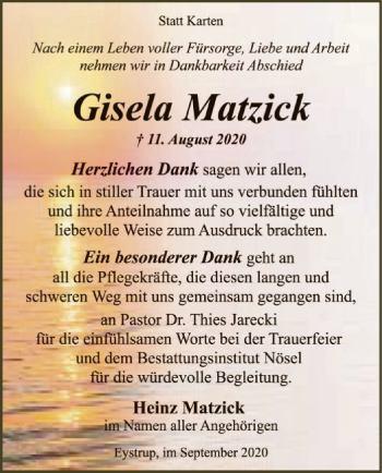 Todesanzeige von Gisela Matzick von SYK