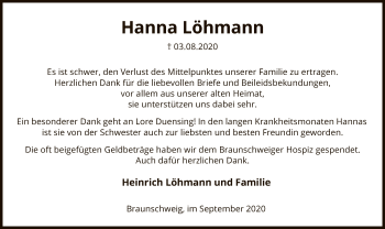 Todesanzeige von Hanna Löhmann von SYK