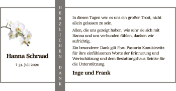 Todesanzeige von Hanna Schraad von SYK