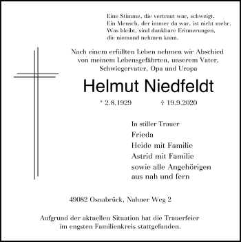 Todesanzeige von Helmut Niedfeldt von SYK