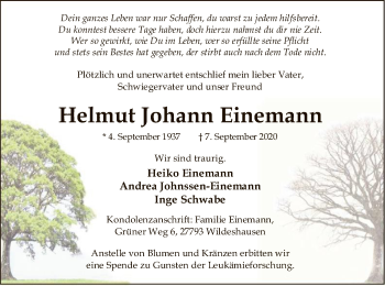 Todesanzeige von Helmut Johann Einemann von SYK