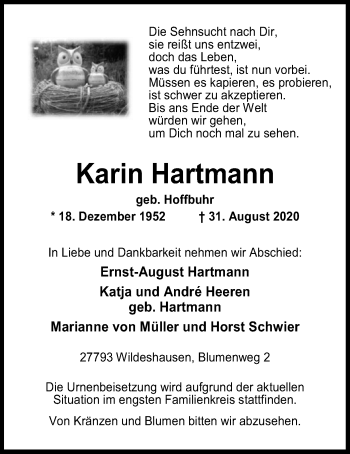 Todesanzeige von Karin Hartmann von SYK