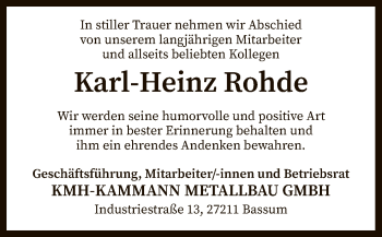 Todesanzeige von Karl-Heinz Rohde von SYK