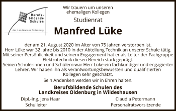 Todesanzeige von Manfred Lüke von SYK