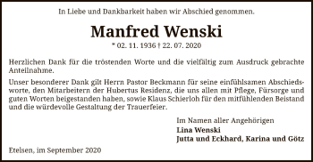 Todesanzeige von Manfred Wenski von SYK
