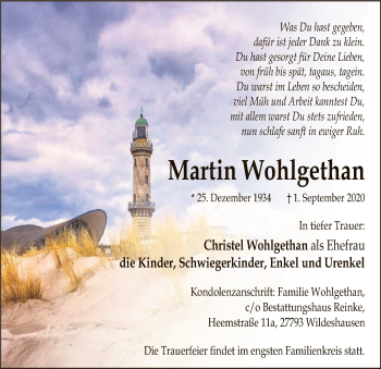 Todesanzeige von Martin Wohlgethan von SYK