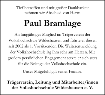 Todesanzeige von Paul Bramlage von SYK