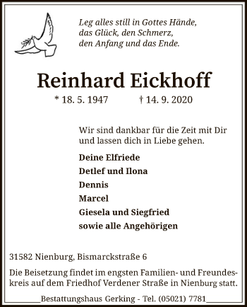 Todesanzeige von Reinhard Eickhoff von SYK
