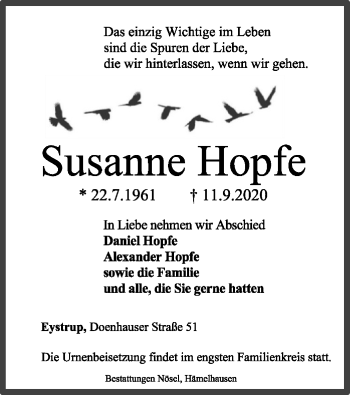 Todesanzeige von Susanne Hopfe von SYK