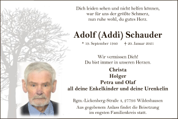 Todesanzeige von Adolf Schauder von SYK
