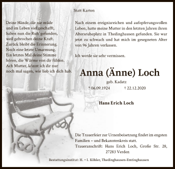 Todesanzeige von Anna Loch von SYK
