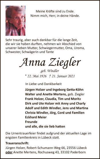 Todesanzeige von Anna Ziegler von SYK