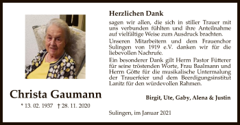 Todesanzeige von Christa Gaumann von SYK