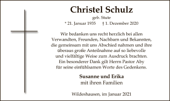 Todesanzeige von Christel Schulz von SYK