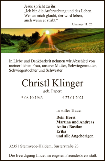 Todesanzeige von Christl Klinger von SYK