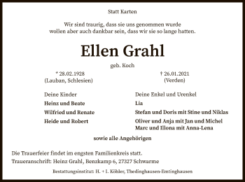 Todesanzeige von Ellen Grahl von SYK