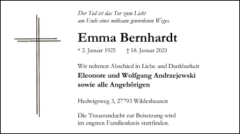 Todesanzeige von Emma Bernhardt von SYK