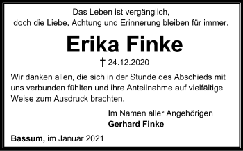 Todesanzeige von Erika Finke von SYK