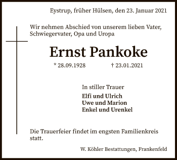 Todesanzeige von Ernst Pankoke von SYK