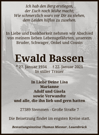 Todesanzeige von Ewald Bassen von SYK
