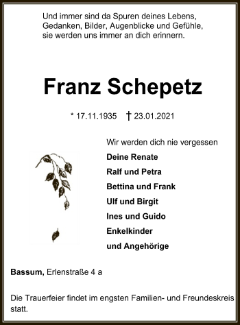 Todesanzeige von Franz Schepetz von SYK