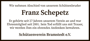 Todesanzeige von Franz Schepetz von SYK