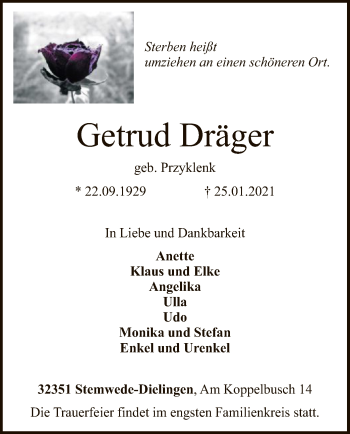 Todesanzeige von Getrud Dräger von SYK