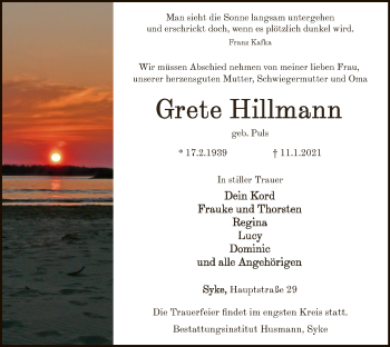 Todesanzeige von Grete Hillmann von SYK