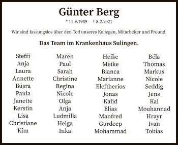 Todesanzeige von Günter Berg von SYK
