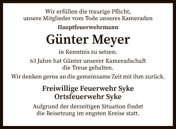 Todesanzeige von Günter Meyer von SYK