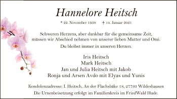 Todesanzeige von Hannelore Heitsch von SYK