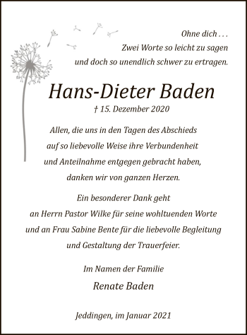 Todesanzeige von Hans-Dieter Baden von SYK