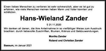 Todesanzeige von Hans-Wieland Zander von SYK