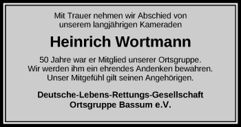 Todesanzeige von Heinrich Wortmann von SYK