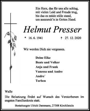 Todesanzeige von Helmut Presser von SYK