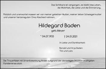 Todesanzeige von Hildegard Baden von SYK