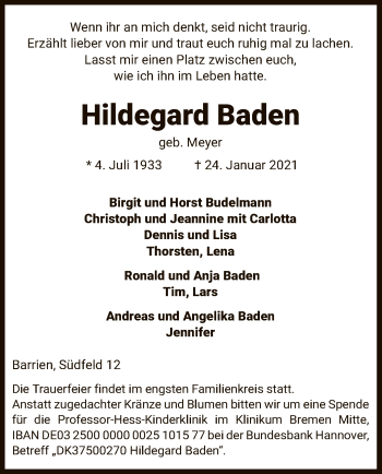 Todesanzeige von Hildegard Baden von SYK