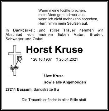 Todesanzeige von Horst Kruse von SYK