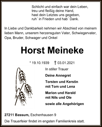 Todesanzeige von Horst Meineke von SYK