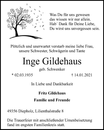 Todesanzeige von Inge Gildehaus von SYK
