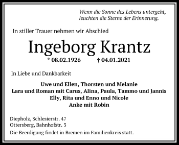 Todesanzeige von Ingeborg Krantz von SYK